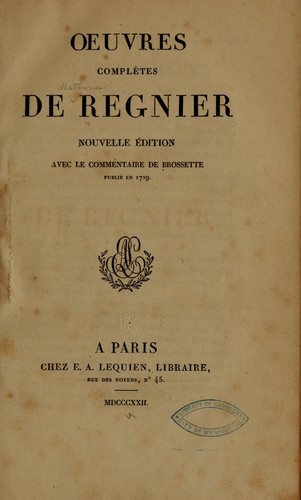 Cover for Œuvres complètes de Régnier.
