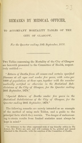 Cover for Remarks by Medical Officer, to accompany mortality tables of the city of Glasgow, for the quarter ending 30th Sept., 1878