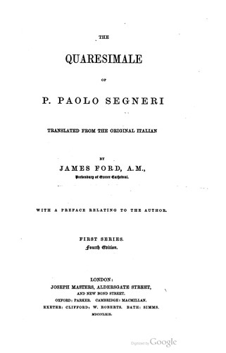 Cover for The Quaresimale Of P. Paolo Segneri. First series.