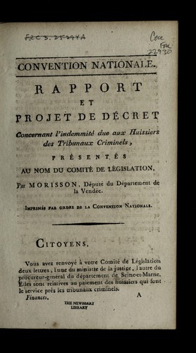 Cover for Rapport et projet de de cret concernant l'indemnite  due aux huissiers des tribunaux criminels
