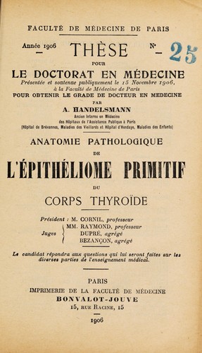 Cover for Anatomie pathologique de l'épithéliome primitif du corps thyroïde ...