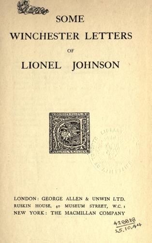 Cover for Some Winchester letters of Lionel Johnson.