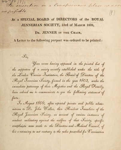 Cover for [Circular letter to supporters of John Walker's London Vaccine Institution, emphasising the Society's disapproval of Walker and his activities. Begins] At a special Board of Directors of the Royal Jennerian Society, 23rd of March 1808