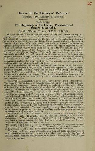Cover for The beginnings of the literary renaissance of surgery in England