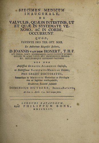 Cover for Specimen medicum inaugurale, de valvulis, quae in intestinis, ut et quae in systemate venoso, ac in corde, occurrunt ...