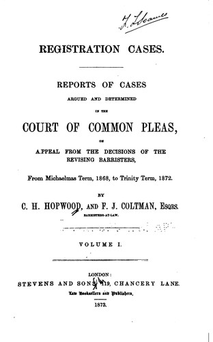 Cover for Registration Cases: Reports of Cases Argued and Determined in the Court of Common Pleas, on ...