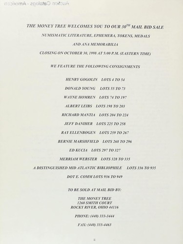 Cover for 30th mail bid sale of numismatic literature, ephemera, tokens, medals, and ANA memorabilia, [featuring consignments from] Henry Gogolin, Donald Young, Wayne Homren, Albert Leibs, [etc.] ....
