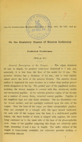 Cover for On the gustatory organs of Sciurus hudsonius