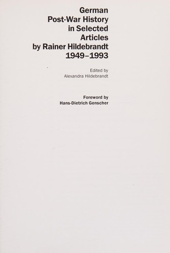 Cover for German Post-War History in Selected Articles by Rainer Hildebrandt 1949-1993