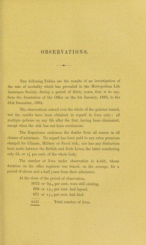 Cover for Metropolitan Life Assurance Society. Mortality experience, from 1st January, 1835, to 31st December, 1864