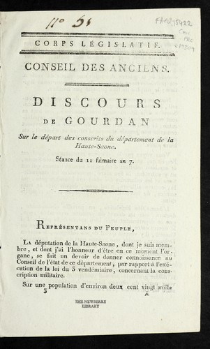 Cover for Discours de Gourdan sur le de part des conscrits du de partement de la Haute-Sao ne