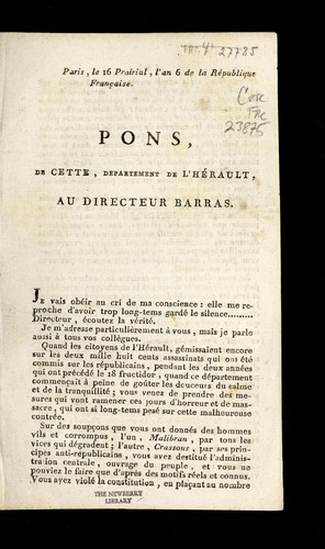 Cover for Pons, de cette, departement de l'He rault, au directeur Barras