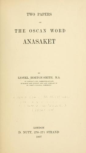 Cover for Two papers on the Oscan word anasaket.