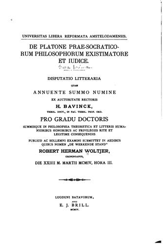 Cover for De Platone prae-socraticorum philosophorum existimatore et judice