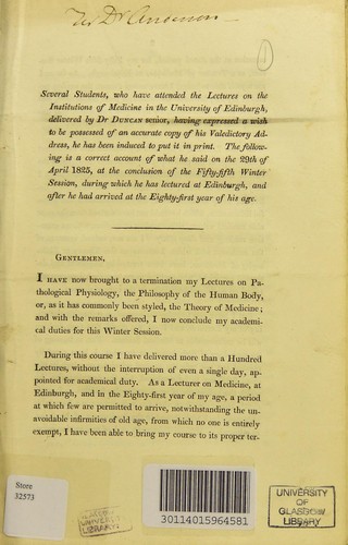 Cover for [Valedictory address of Dr. Duncan, in the University of Edinburgh, 29th of April 1825 at the conclusion of the fifty-fifth Winter Session]