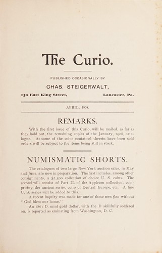 Cover for The Curio. [Fixed price list, April 1908]