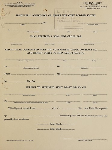 Cover for Producer's acceptance of order for corn fodder-stover