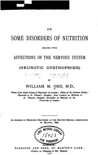 Cover for On some disorders of nutrition related with affections of the nervous system: Neurotic Dystrophies