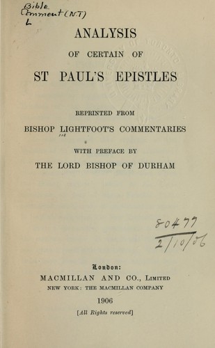 Cover for Analysis of certain of St. Paul's Epistles