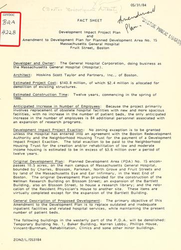 Cover for Fact sheet: development impact project plan and amendment to development plan for planned development area no. 15, Massachusetts general hospital, fruit street, Boston