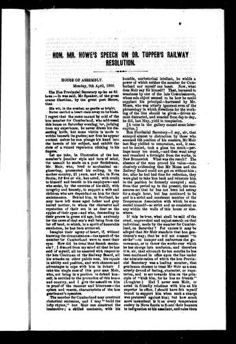 Cover for Hon. Mr. Howe's speech on Dr. Tupper's railway resolution