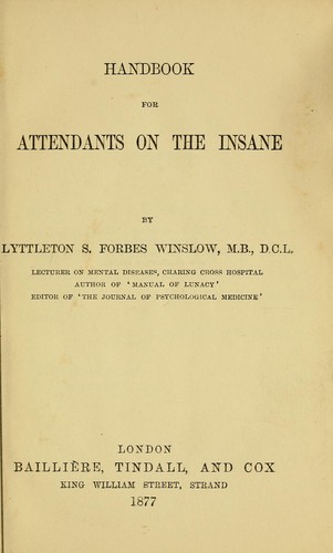 Cover for Handbook for attendants on the insane