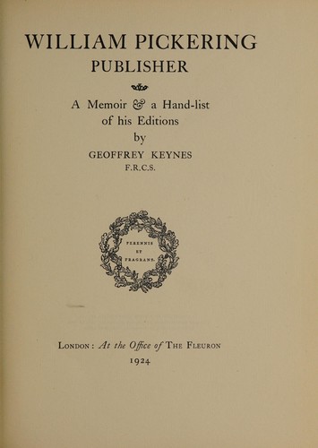 Cover for William Pickering, publisher.