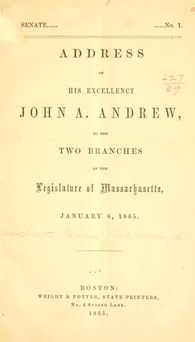 Cover for Address of His Excellency John A. Andrew, to the two branches of the legislature of Massachusetts, January 6, 1865.