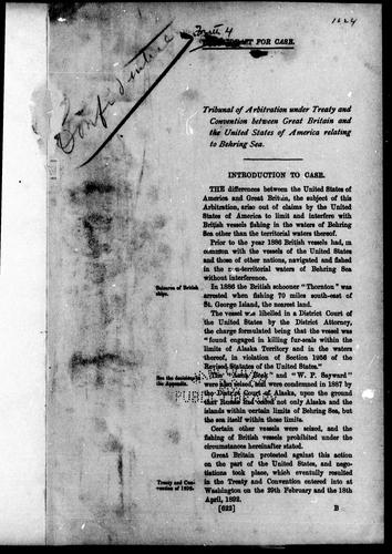 Cover for Tribunal of Arbitration under treaty and convention between Great Britain and the United States of America relating to Behring Sea; [fourth] draft for case