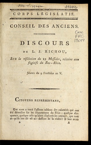 Cover for Discours de L.J. Richou sur la re solution du 19 messidor relative aux fugitifs du Bas-Rhin