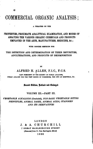 Cover for Commercial Organic Analysis: A Treatise on the Properties, Proximate ...