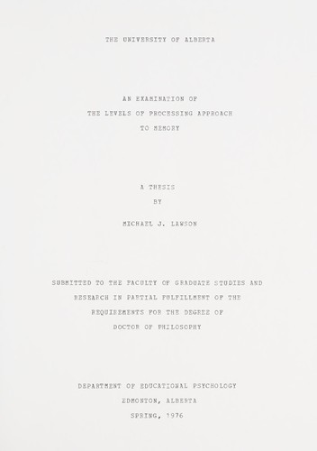 Cover for An examination of the levels of processing approach to memory