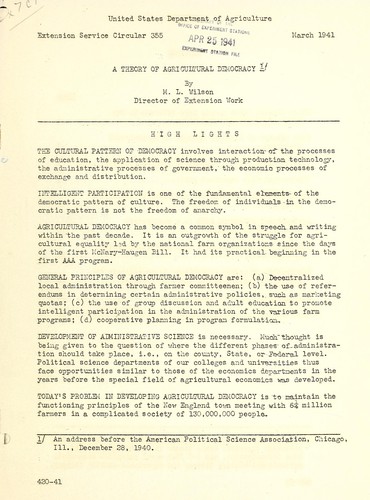 Cover for A theory of agricultural democracy