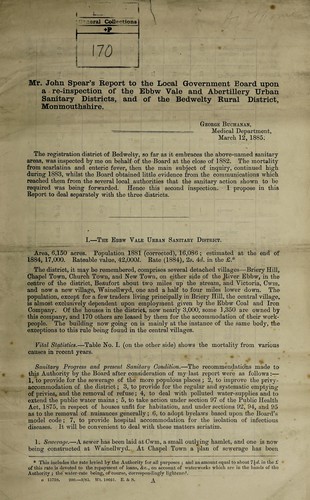 Cover for Mr. John Spear's report to the Local Government Board upon a re-inspection of the Ebbw Vale and Abertillery urban sanitary districts, and of the Bedwelty rural district, Monmouthshire