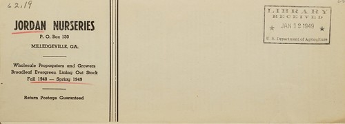 Cover for Broadleaf evergreen lining out stock, fall 1948 - spring 1949