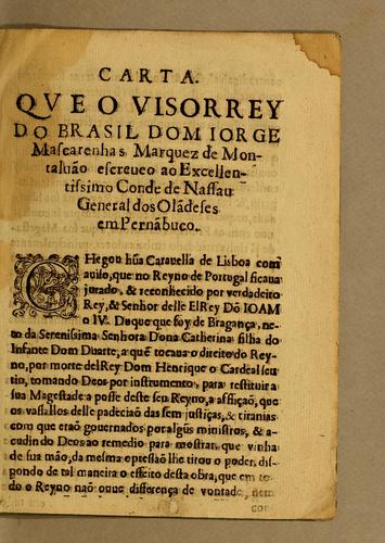 Cover for Carta. que o visorrey do Brasil dom Iorge Mascarenhas marquez de Montaluão escreueo ao excellentissimo conde de Nassau general dos Ola[n]deses em Perna[m]buco