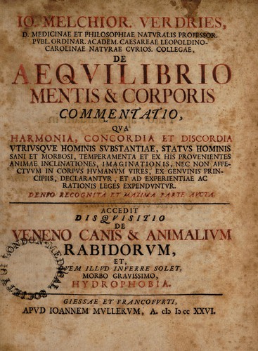 Cover for Io. Melchior. Verdries, D. medicinae et philosophiae naturalis professor. ... De aequilibrio mentis & corporis commentatio