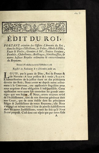 Cover for E dit du roi, portant cre ation des offices d'avocats du roi, dans les sie ges d'elections, de police, ho tels de ville, eaux & fore ts, greniers a   sel, traites foraines, prevo te s, cha tellenies, bailliages, se ne chause es, & autres justices royales ordinaires & extraordinaires du royaume