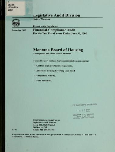 Cover for Montana Board of Housing, a component unit of the State of Montana financial-compliance audit for the two fiscal years ended June 30, ...