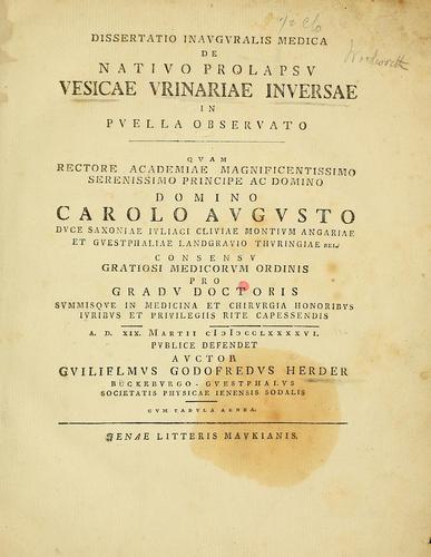 Cover for Dissertatio inauguralis medica de nativo prolapsu vesicae urinariae inversae in puella observato