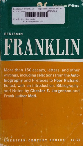Cover for Benjamin Franklin : Representative Selections, with Introduction, Bibliography, and Notes