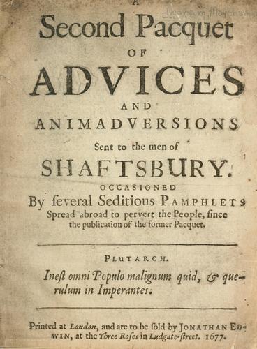 Cover for second pacquet of advices and animadversions sent to the men of Shaftsbury.