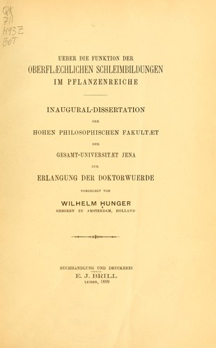 Cover for Ueber die Funktion der oberflaechlichen Schleimbildungen im Pflanzenreiche