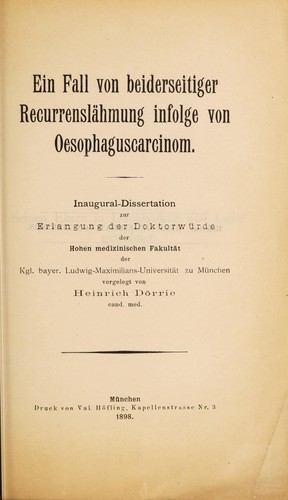Cover for Ein Fall von beiderseitiger Recurrenslähmung infolge von Oesophaguscarcinom ...