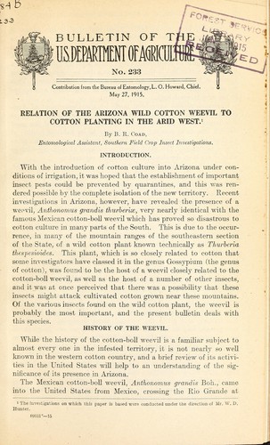 Cover for Relation of the Arizona wild cotton weevil to cotton planting in the arid West