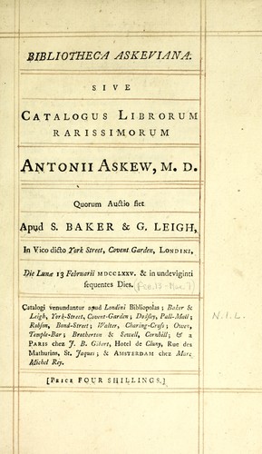 Cover for Bibliotheca Askeviana, sive, Catalogus librorum rarissimorum Antonii Askew, M.D.