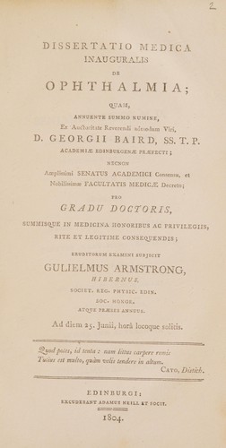Cover for Dissertatio medica inauguralis de ophthalmia ...