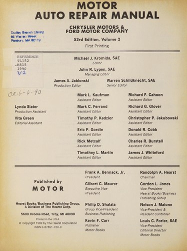 Cover for Motor Auto Repair Manual 1985-1990 : Chrysler & Ford 