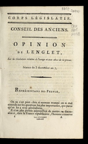 Cover for Opinion de Lenglet, sur la re solution relative a   l'usage et aux abus de la presse