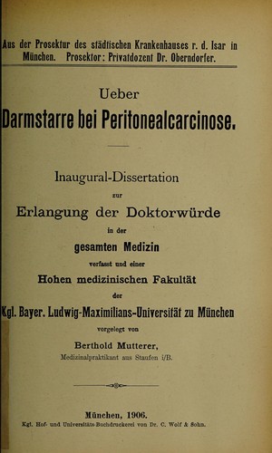Cover for Ueber Darmstarre bei Peritonealcarcinose ...